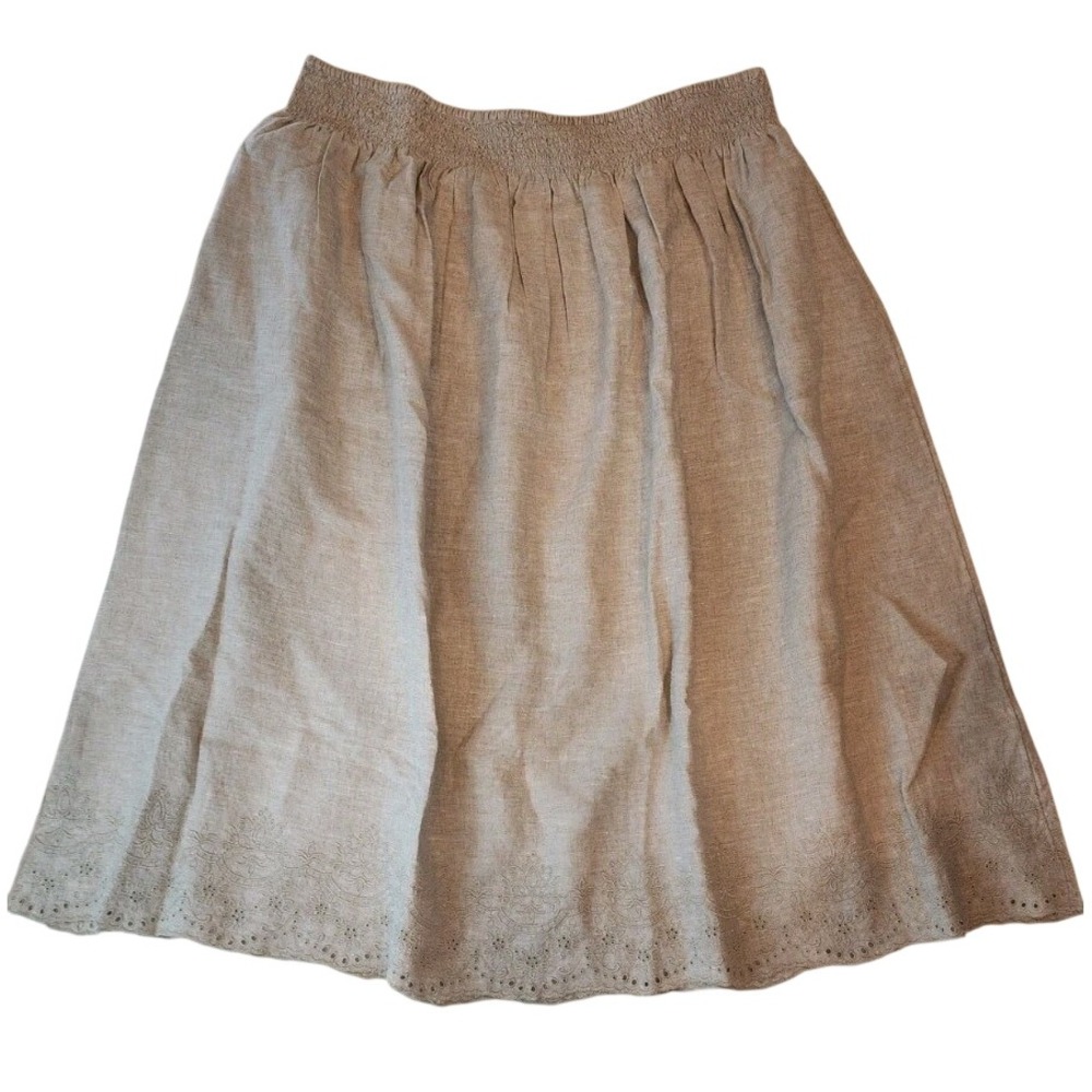 Chico's NWT Size 20 XXL Tan Cotton Linen Midi Swing Skirt Pull On Smocked Waist